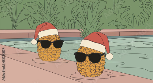 Two pineapples with santa hats and sunglasses sitting by a pool