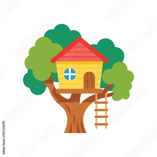 Treehouse playhouse with ladder and green leaves in sunny backyard