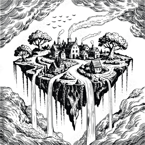 Vintage Engraving Double Exposure Urban Mind Concept Vector art illustration on white background. PNG