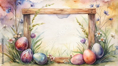 Colorful easter eggs arranged around a wooden frame with flowers  