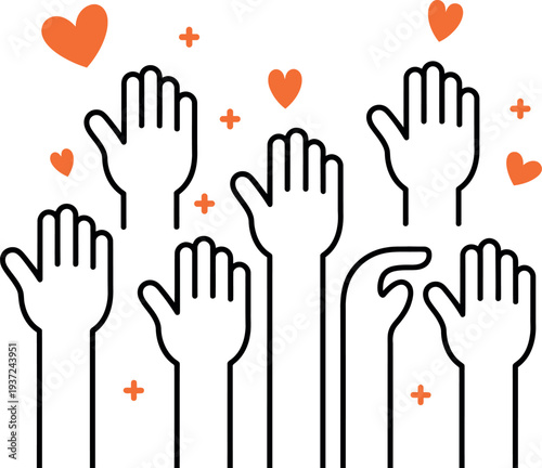 Illustration of many diverse hands raised upwards with orange hearts and plus signs floating
