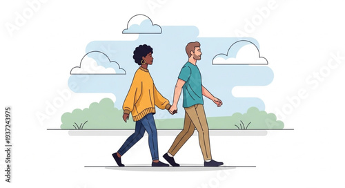 Two people walking outdoors in a park scene.