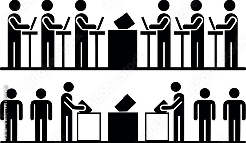 People voting at polling stations and working on laptops in a modern office setting