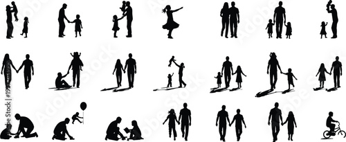 Large Collection of Family Silhouettes Featuring Parents Playing with Children Reading Walking and Riding Bicycle for Lifestyle Graphic Design