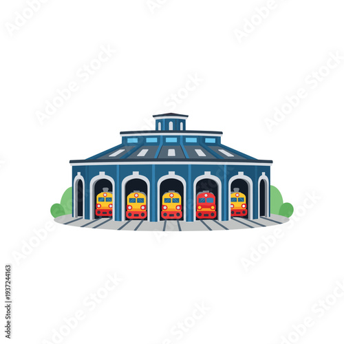 Modern train station building with colorful commuter trains at platform 3d illustration