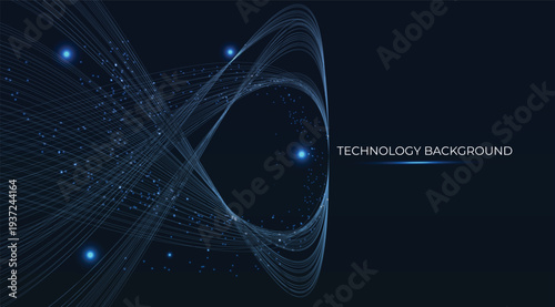 Luminous fiber optic threads elegantly trace a high-speed trajectory, forming a cosmic path of pulsing neon lights in a glowing blue. Sleek modern tech concept: innovation, data flow, velocity. Tech