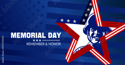 Memorial Day banner, remember and honor, with soldier and star