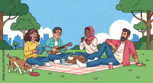 Group of Friends Having Picnic Outdoors in Park.