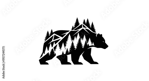 Bear with mountain and pine tree silhouette