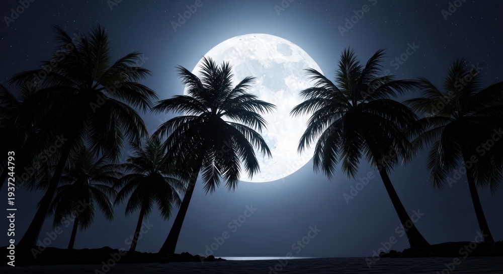 Fototapeta premium Silhouetted palm trees and full moon landscape at night sky backdrop