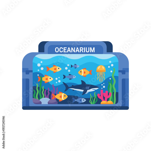Colorful oceanarium fish tank with sharks, coral, and tropical fish illustration