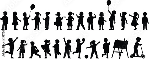 Children silhouettes playing running and holding balloons, kids activity collection isolated vector set playful childhood lifestyle illustration