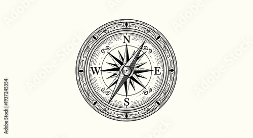 Vintage engraved compass illustration with a detailed wind rose showing cardinal directions, perfect for navigation and adventure concepts.