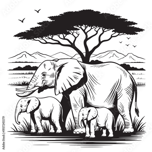 African elephant family walking in savanna landscape with acacia tree illustration vector
