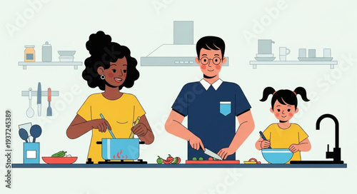 Children and adult cooking together in kitchen.