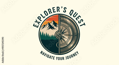 Vintage explorer's quest logo with compass, mountains, and forest, symbolizing outdoor adventure, navigation, and nature journey
