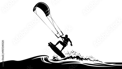 Kitesurfer jumping over waves, extreme water sports silhouette, dynamic action shot