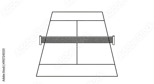 Top View Outline of Tennis Court with Net Isolated on White Background