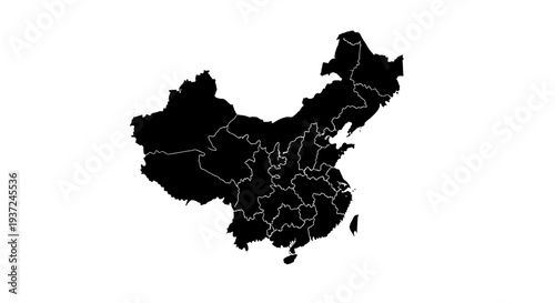 Silhouette Map of China with Province Borders on Isolated White Background