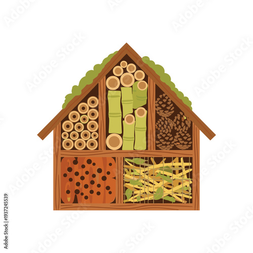Wooden bee hotel with natural materials for garden eco-friendly insect habitat