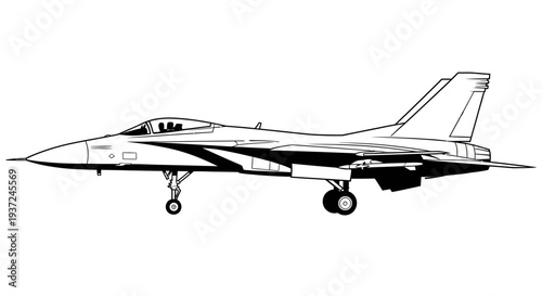 Detailed Line Art Illustration of a Modern Fighter Jet Aircraft, Military Aviation Technology, Isolated White Background