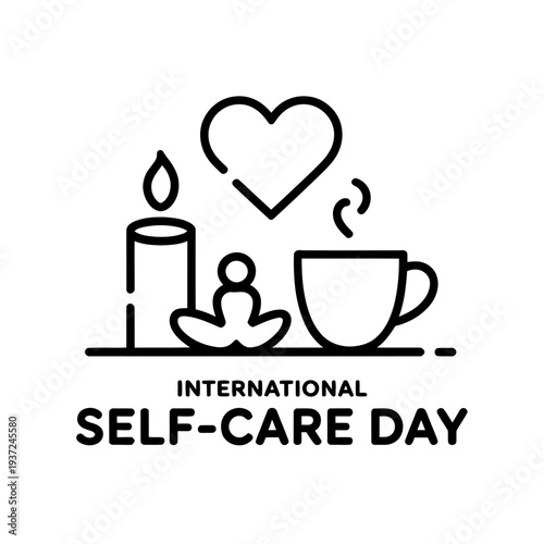 International self care day line art with candle heart and cup
