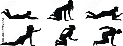 Human silhouettes collection, crawling poses, prone positions, movement illustration, body mechanics, vector design, black icons, training, animation, physical activity