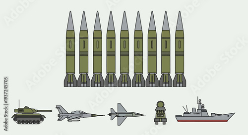 Collection of Military Weapons and Vehicles including Missiles, Tank, Jet Fighter, Radar, and Warship in Bright Studio