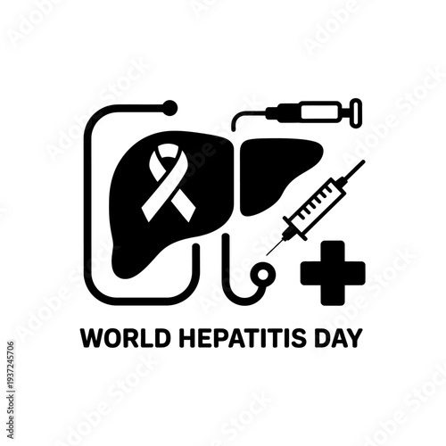World hepatitis day, liver with medical cross, syringe, and stethoscope icon