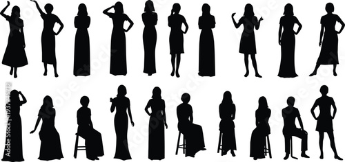 Human silhouette poses, twenty figures vector, standing and seated illustration, diverse attire design, expressive gestures artwork, fashion posture reference