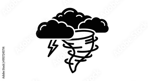 Dark Cloud with Lightning and Tornado, Representing Severe Weather and Natural Disaster Icon on Isolated White Background