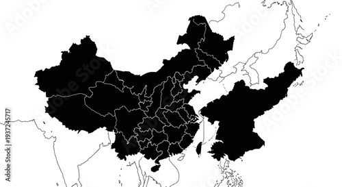 Silhouette Map of China with Provincial Outlines on Isolated White Background