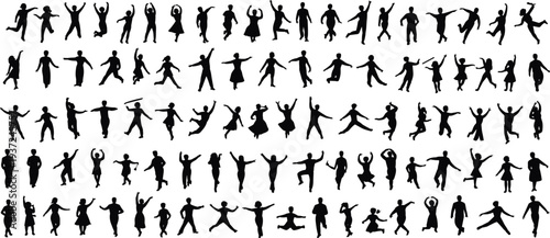 Human silhouettes collection, dynamic poses, black outline, people diversity, body posture, jumping figures, dancing figures, running figures, standing, expressive gestures