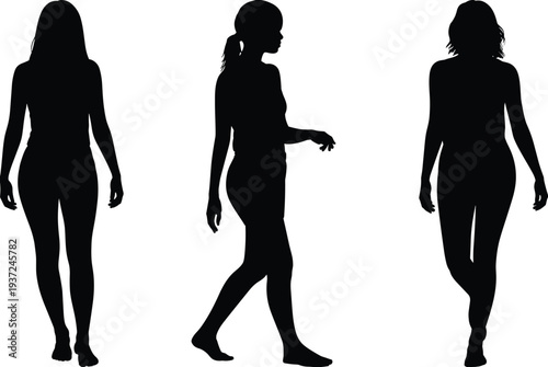Human silhouettes standing and walking, posture and movement concept, realistic vector illustration, adult figures, body language, anatomy study, artistic reference