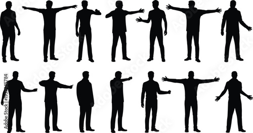 Human silhouettes standing, diverse people poses, arm gesture variations, body language illustration, communication concept, posture reference, group figures, animation design, character study