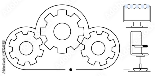 Cloud technology, productivity tools, business solutions, digital storage, collaboration, innovation. Gear mechanism inside a cloud, office chair monitor and spiral notebook. Cloud technology