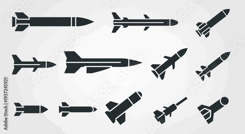 Set of Various Missile and Rocket Weapons Icons on Bright Studio Background