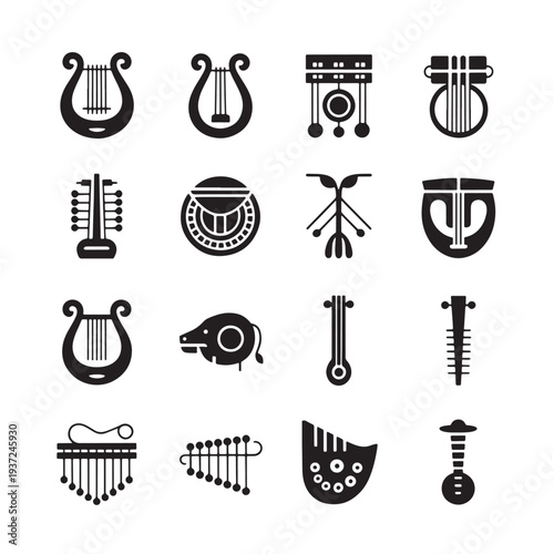 Ancient and modern musical instruments illustration vector icons
