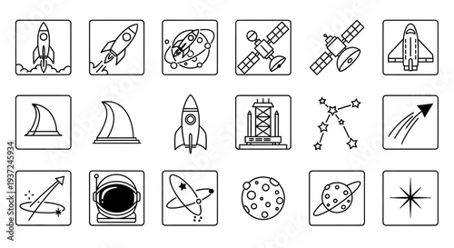 Set of Space Exploration and Astronomy Line Icons on Isolated White Background