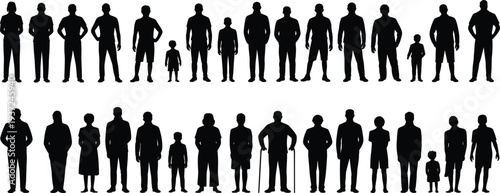 Human silhouettes, diverse figures, children adults elderly, demographic icons, posture study, vector illustration, black silhouettes, design elements, population diversity, family