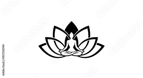 Person Meditating in Lotus Pose within Lotus Flower Icon on Isolated White Background
