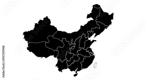 Detailed Silhouette Map of China with Provincial Borders on Isolated White Background