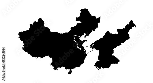Silhouette Map of China with Bordering North Korea on Isolated White Background