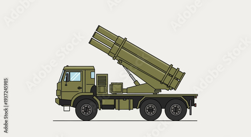 Army Rocket Launcher Truck Vehicle in Flat Illustration Style on Bright Studio Background
