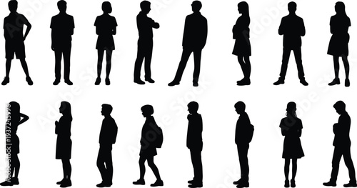 Human silhouettes, diverse postures, standing poses, body language, teenagers, adults, backpack, casual attire, skirts, dresses, pants, shorts, diversity, illustration, design, generic figures