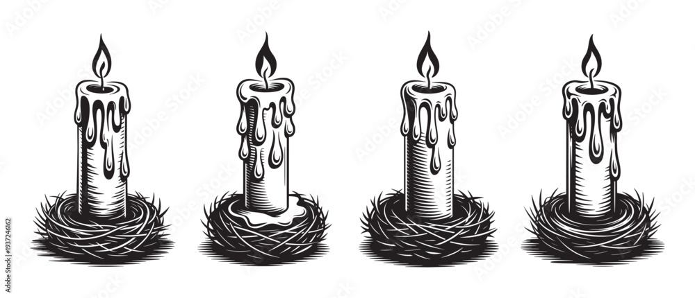 Fototapeta premium Candle burning in bird nest vector illustration set black and white graphic design element