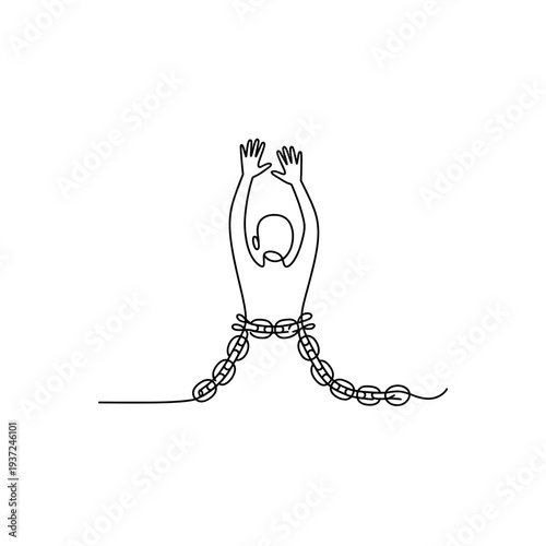 One line drawing of a person with hands raised and chains around their legs