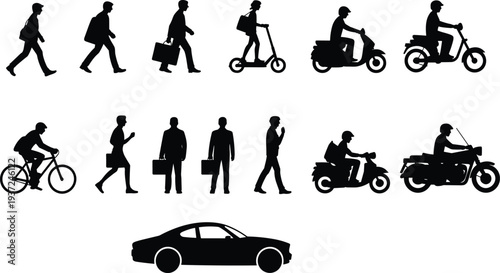 Human transportation silhouettes, walking icons, cycling vector, scooter rider symbols, motorcycle silhouettes, commuting car illustration, urban mobility set, black silhouettes