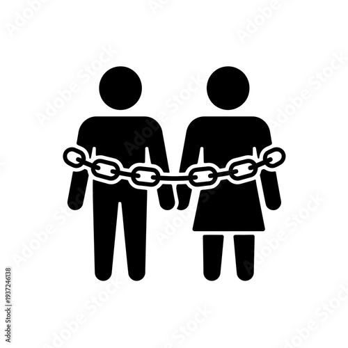 Two people man and woman chained together in a human trafficking concept