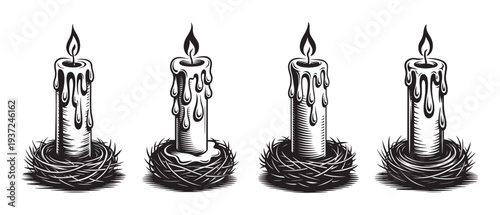 Candle burning in bird nest vector illustration set black and white graphic design element
